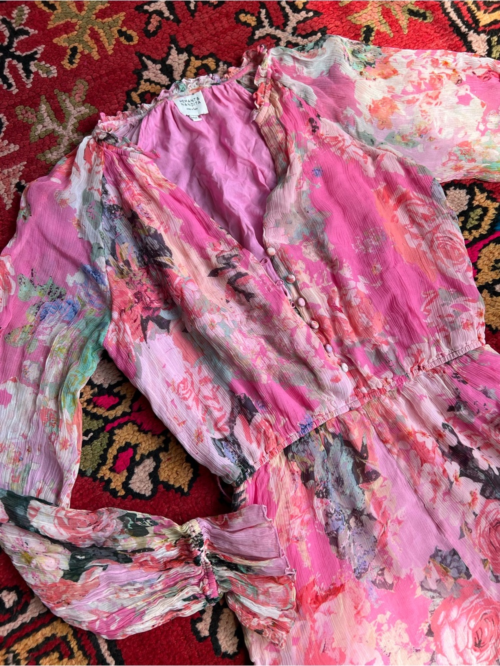 HEMANT & NANDITA Pink Floral Sheer Tie-Waist Romper